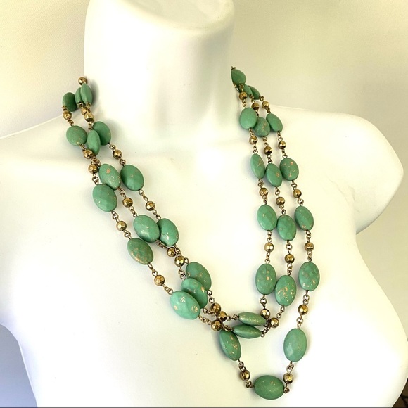Turquoise & Gold Colored Acrylic Beads Super Long Necklace - Picture 6 of 6